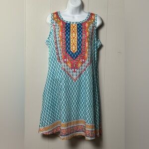 Women Teal Geometric Print Sleeveless ScoopNeck Tank Style Loose Fit Dress Sz XL
